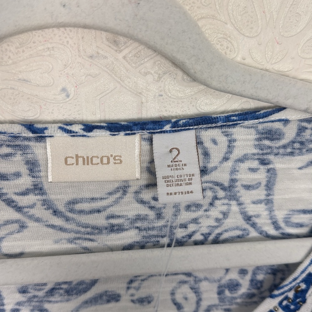 Chico’s Beaded Boho Embroidered V-Neck Top – Size 2 Large Blue White Beads - Picture 6 of 6